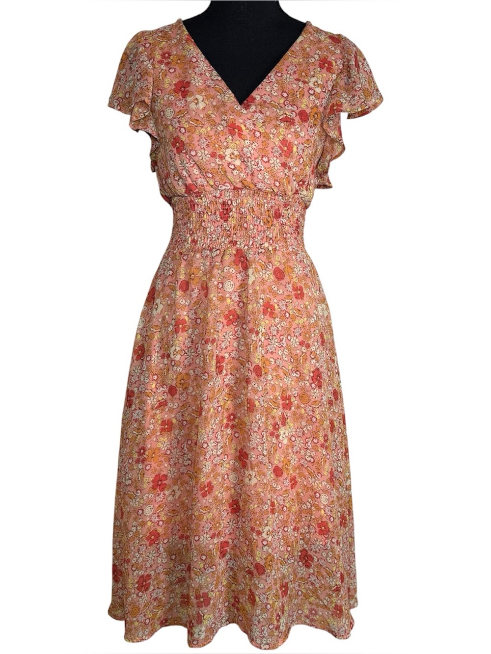 Pink Multi Floral Smocked Waist Flutter Sleeve Midi Dress XS Cottagecore Spring